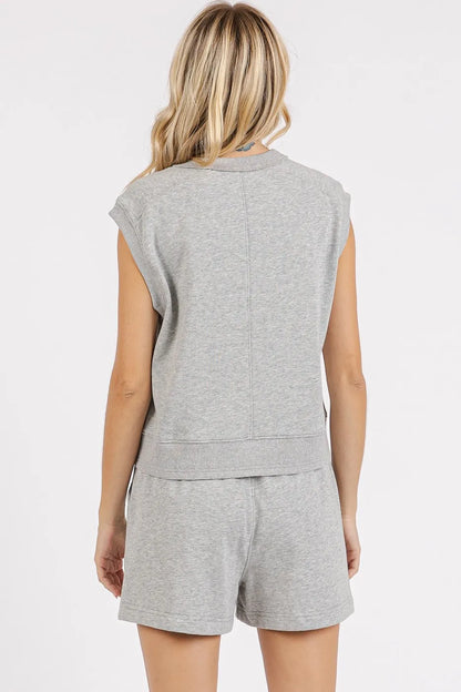 Gray French Terry crew neck top and matching shorts set from Mittoshop by Trendsi, casual loungewear with comfortable fabric.