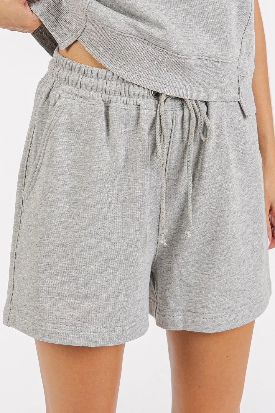 Grey French Terry crew neck top and shorts set by Mittoshop, casual loungewear for women, stylish and comfortable.