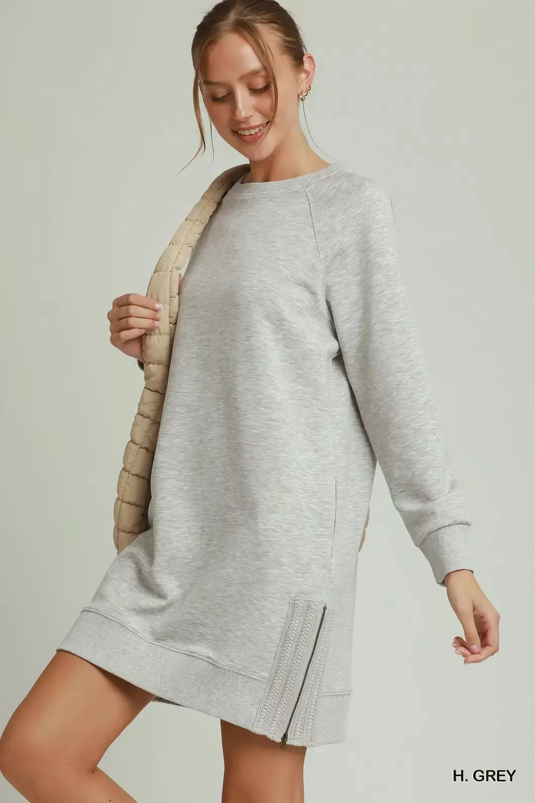 Gray Umgee dress featuring side crochet detailing and a front zipper, perfect for casual or semi-formal wear.