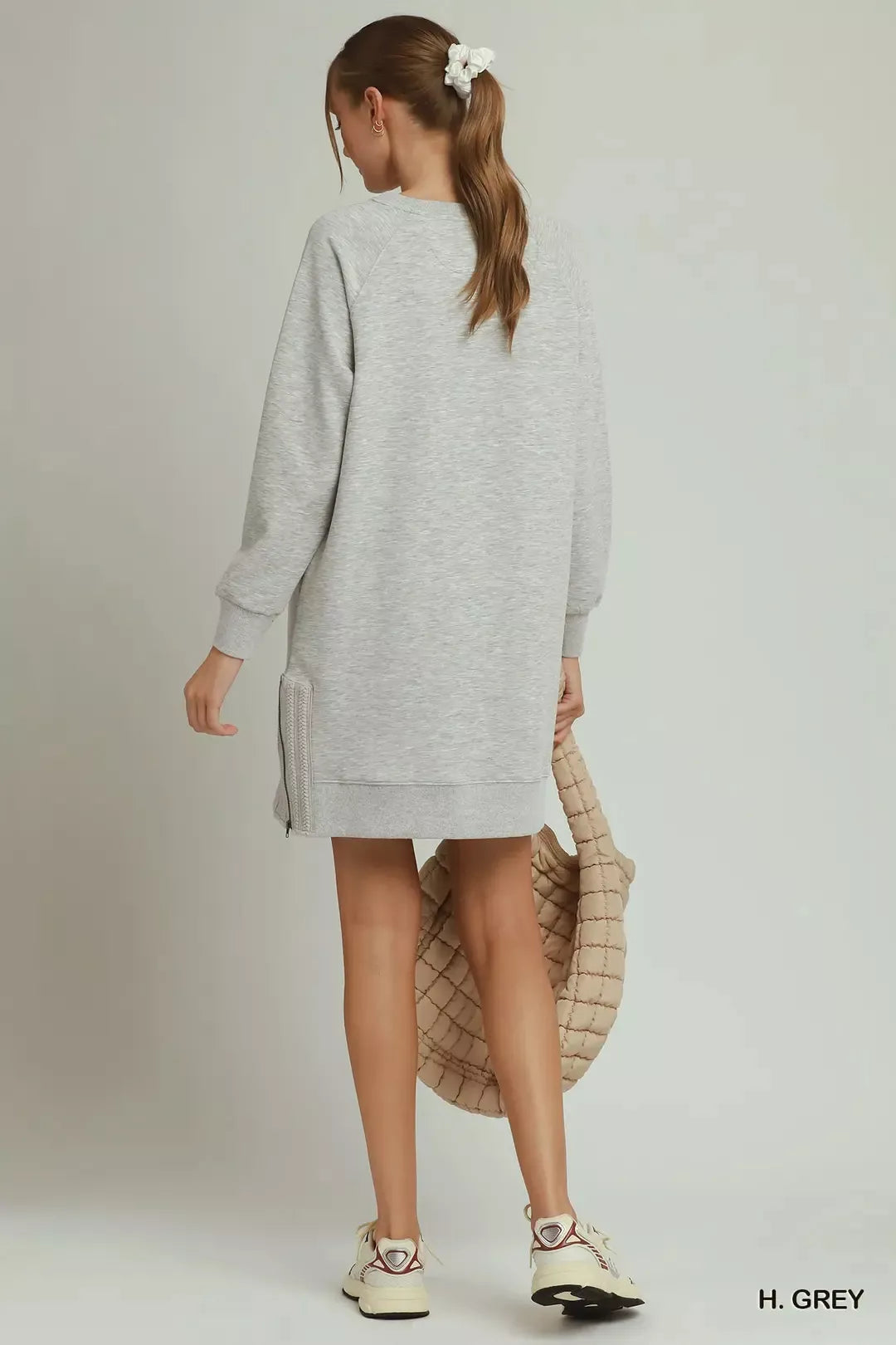 Grey Umgee dress with side crochet detailing and zipper, featuring a stylish and comfortable fit for casual or semi-formal wear.