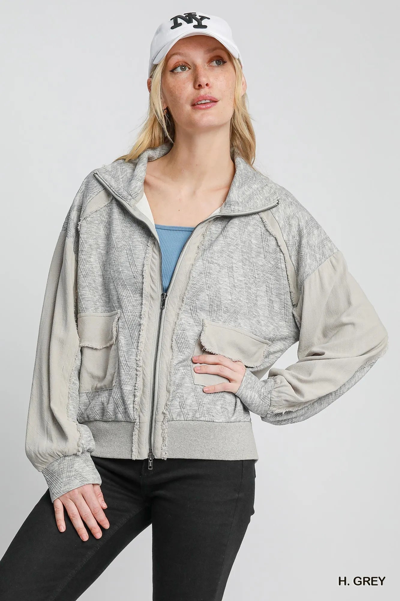 Gray Umgee Two-Way Jacquard Zip-Up Jacket featuring a textured pattern and front zipper for versatile casual wear.