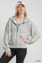 Gray Umgee Two-Way Jacquard Zip-Up Jacket featuring a textured pattern and front zipper for versatile casual wear.