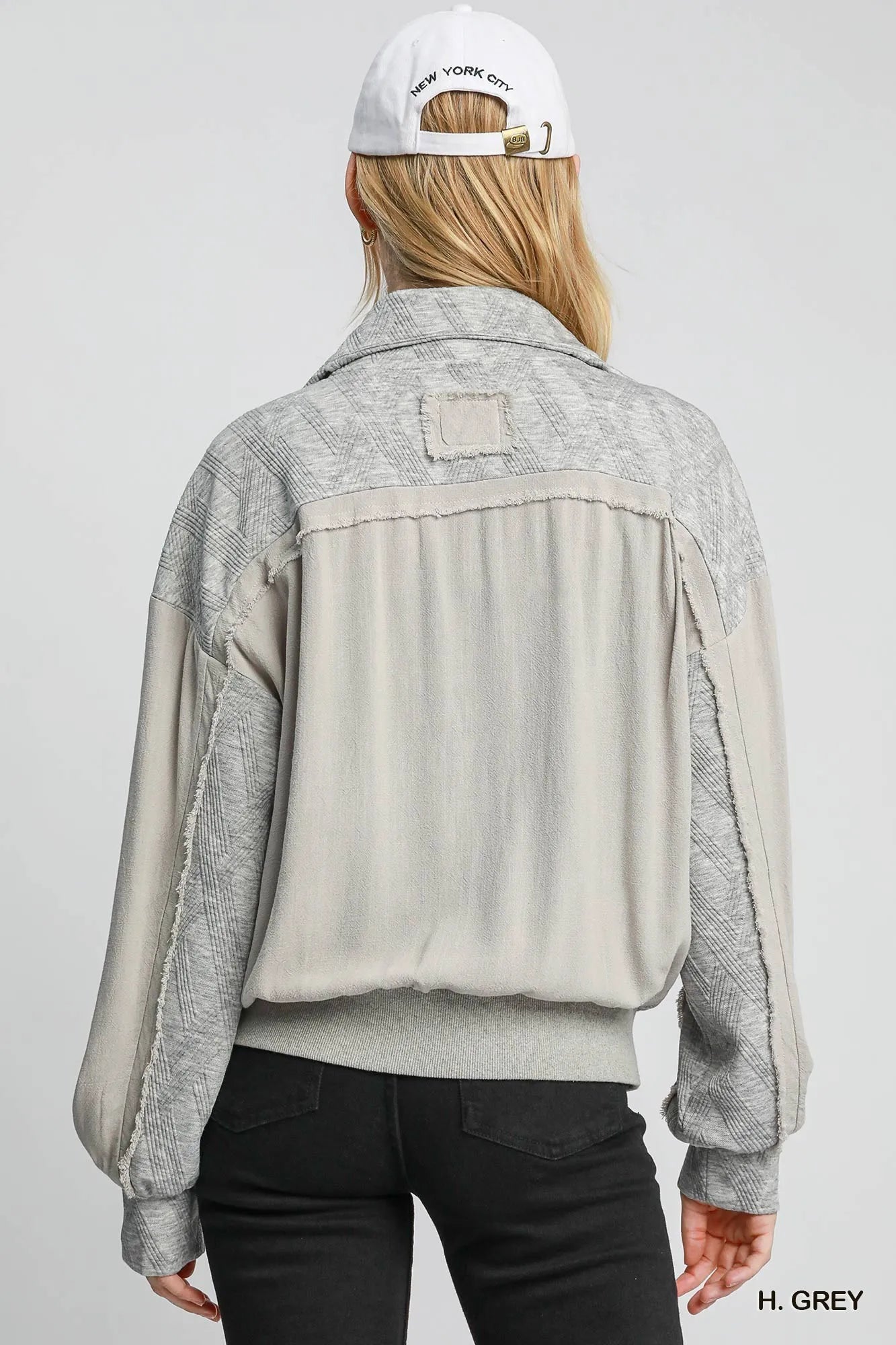 Gray Umgee Two-Way Jacquard Zip-Up Jacket with front zipper and textured pattern, casual and stylish for everyday wear.