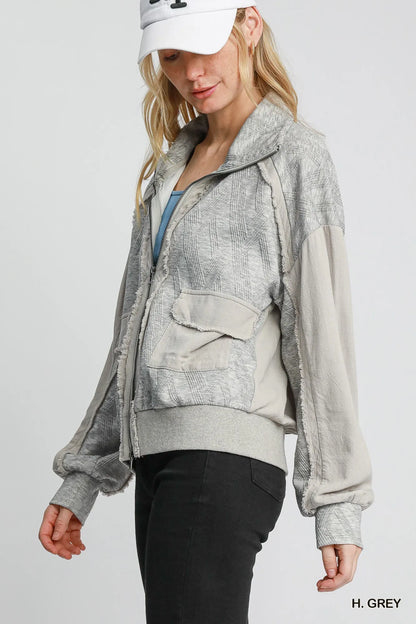 Gray Umgee Two-Way Jacquard Zip-Up Jacket with intricate pattern, front zipper, and cozy fit, perfect for casual wear.