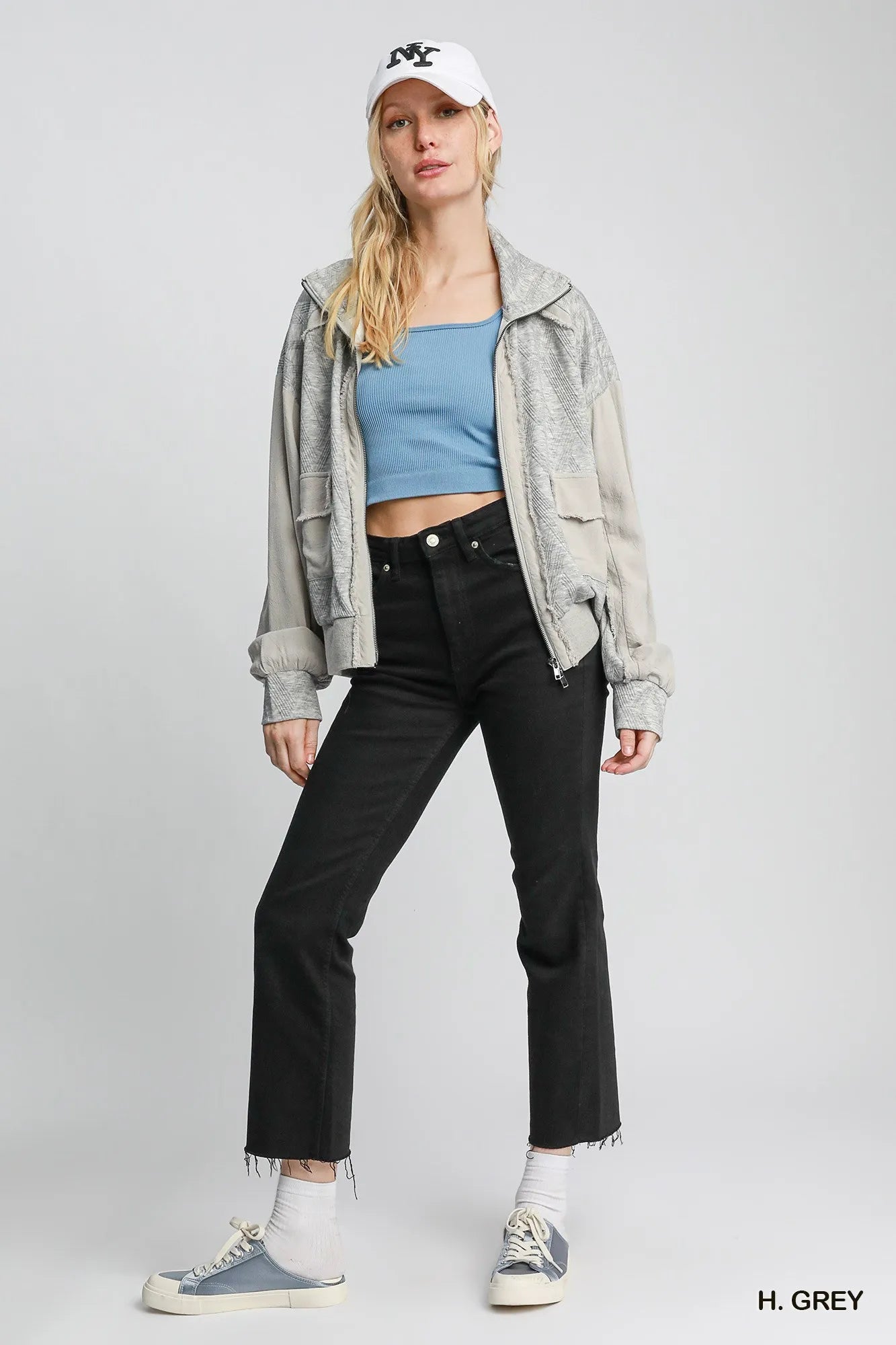 Grey Umgee Two-Way Jacquard Zip-Up Jacket, front view showcasing the textured pattern and zip closure.