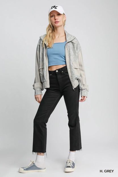 Grey Umgee Two-Way Jacquard Zip-Up Jacket, front view showcasing the textured pattern and zip closure.