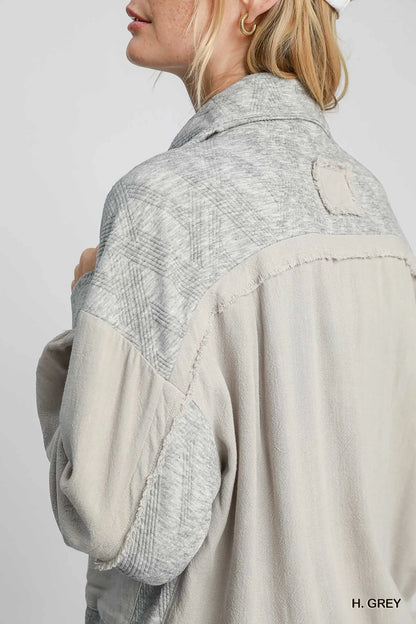 Grey Umgee Two-Way Jacquard Zip-Up Jacket with intricate pattern, front zipper, and cozy style.