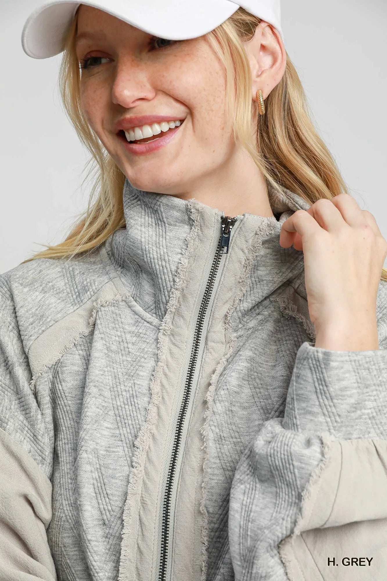 Gray Umgee Two-Way Jacquard Zip-Up Jacket with intricate pattern, featuring a front zipper and stylish design.