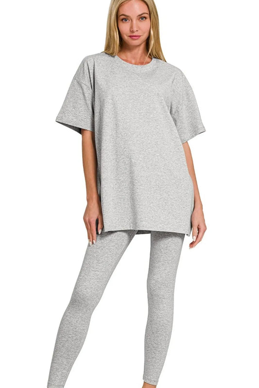 Grey Zenana cotton round neck top and matching leggings set by Trendsi, casual loungewear for comfortable everyday wear.