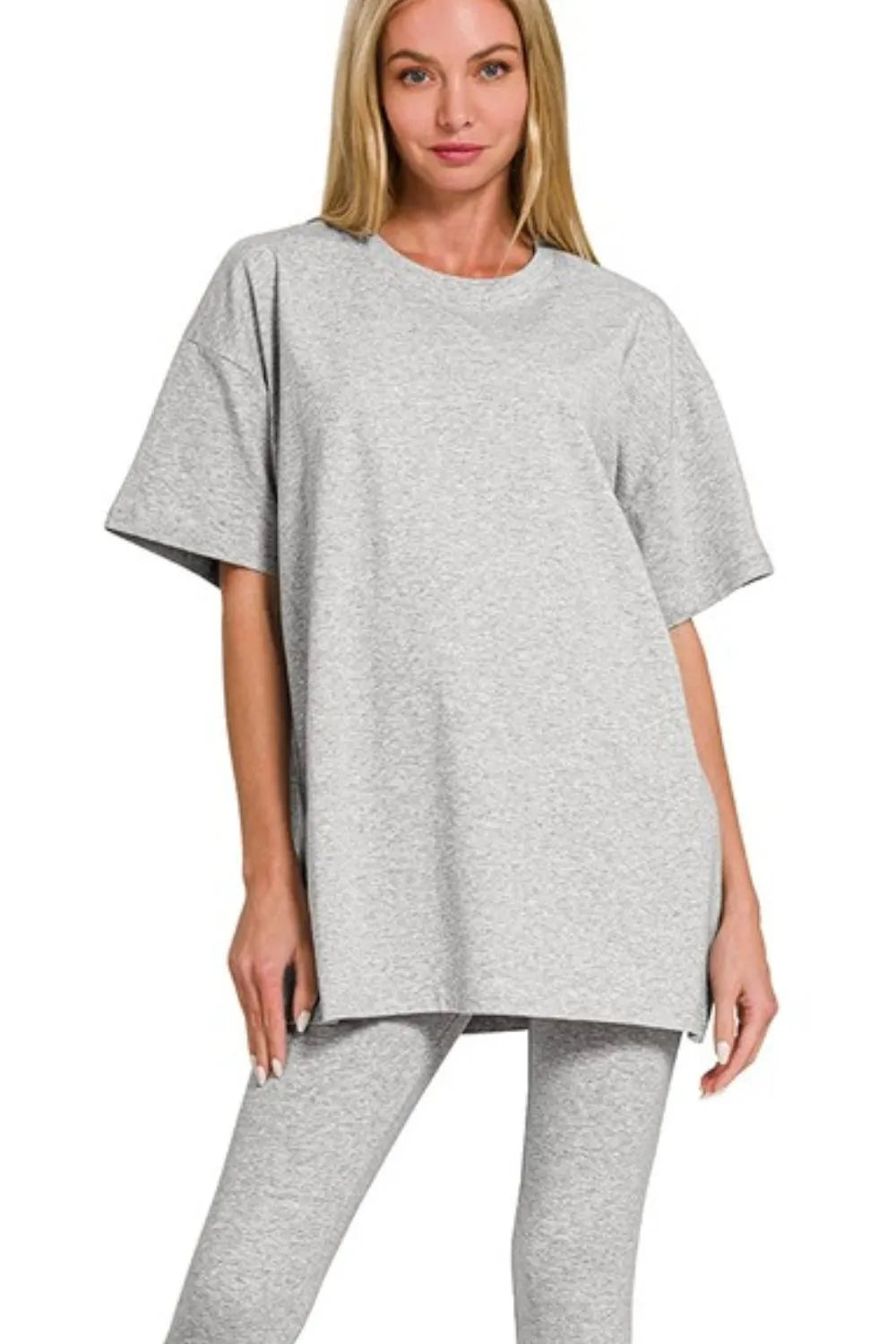 Grey Zenana cotton round neck top and matching leggings set, casual and comfortable loungewear by Trendsi.