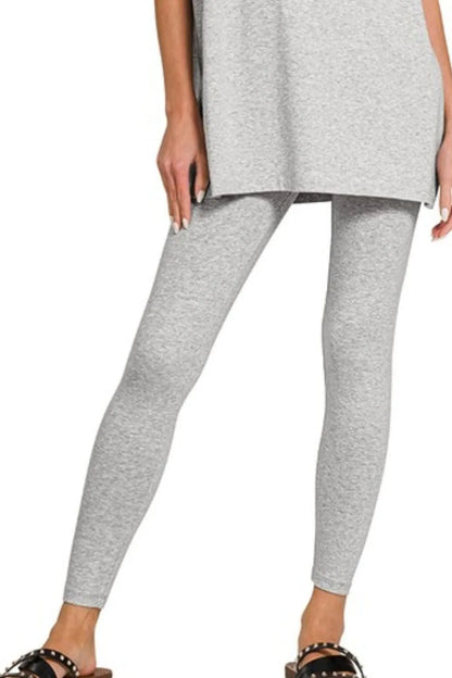 Gray Zenana cotton round neck top and matching leggings set, casual loungewear look, soft fabric, from Trendsi.