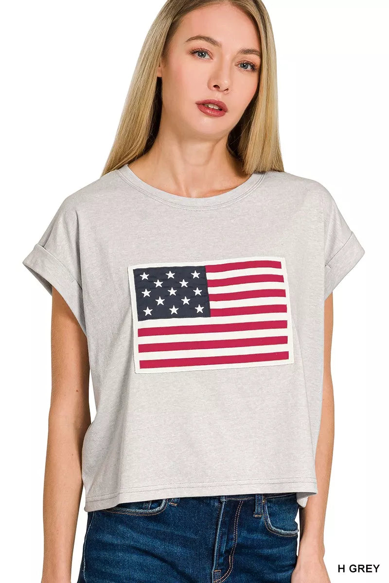 Gray Zenana short sleeve T-shirt with round neck featuring a vibrant American flag design, from Trendsi.