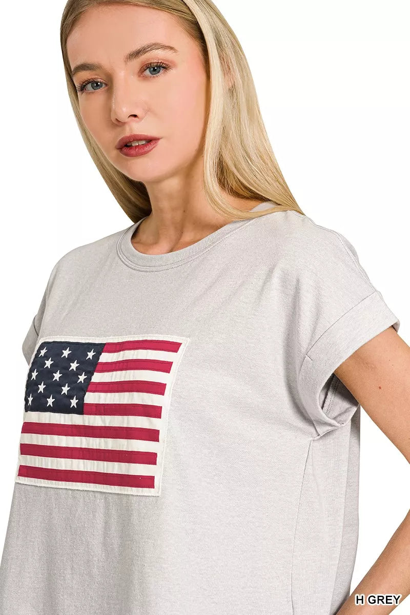 Gray Zenana American Flag T-shirt with round neck and short sleeves, casual men's or women's patriotic graphic tee.