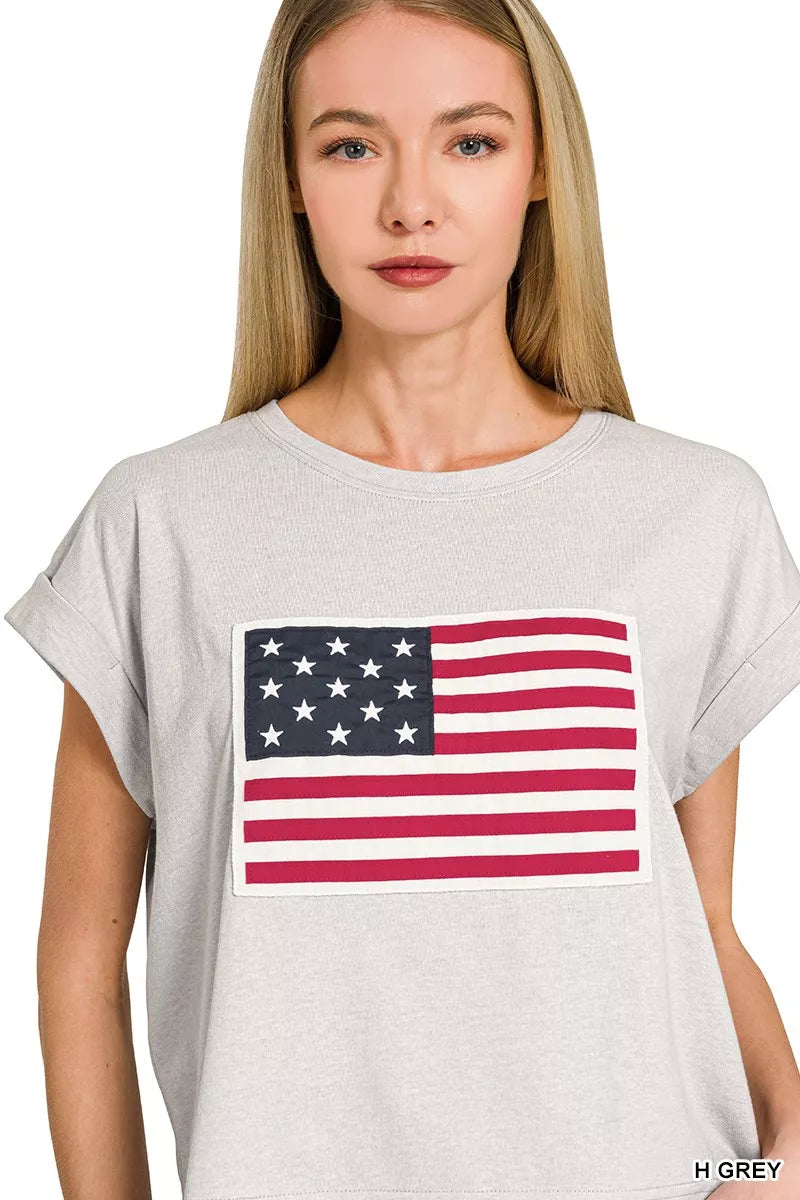 Gray Zenana American Flag T-shirt with round neckline and short sleeves, featuring a patriotic flag design for casual wear.