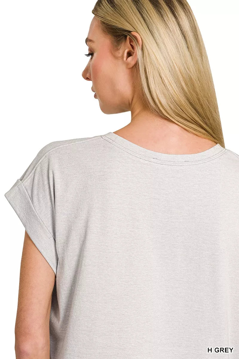 Gray Zenana short sleeve T-shirt with round neck and American flag design, perfect for casual patriotic style.