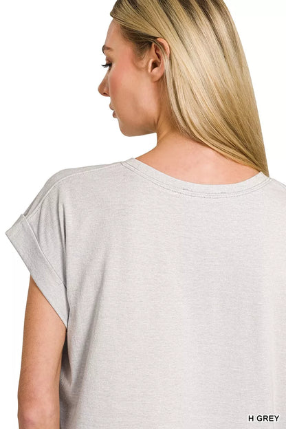 Gray Zenana short sleeve T-shirt with round neck and American flag design, perfect for casual patriotic style.