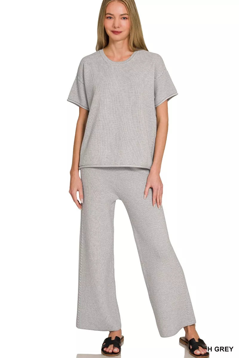 Gray Zenana viscose round neck top and matching pants set, casual loungewear with comfortable fit.
