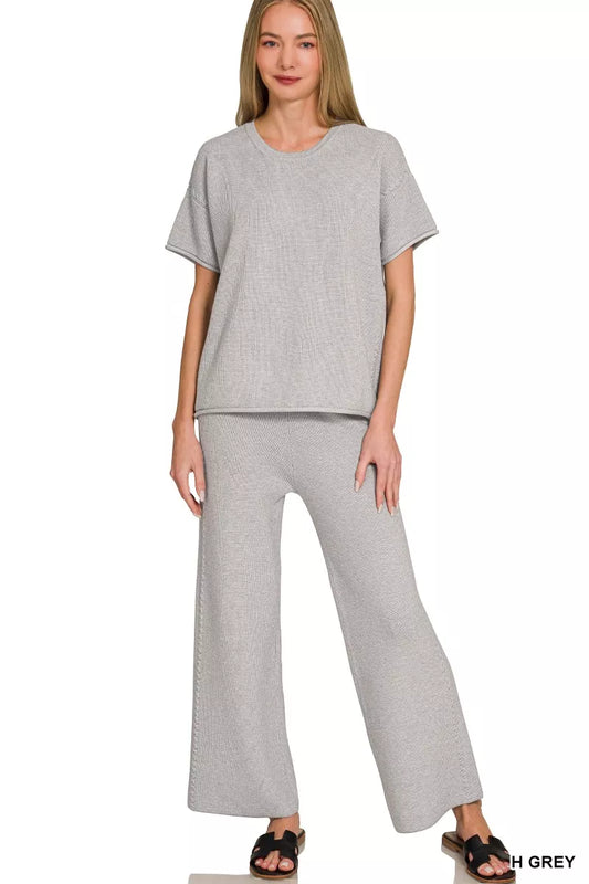 Gray Zenana viscose round neck top and matching pants set, casual loungewear with comfortable fit.