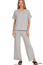 Gray Zenana viscose round neck top and matching pants set, casual loungewear with comfortable fit.