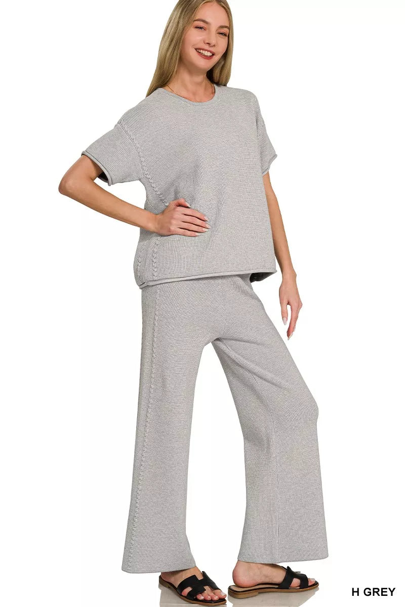 Gray Zenana viscose round neck top and pants set featuring a relaxed fit, casual style, and comfortable fabric.