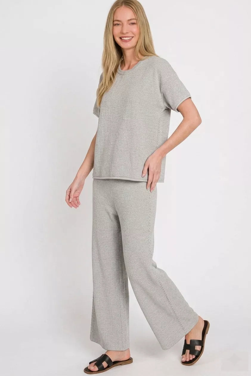 Gray Zenana viscose round neck top and pants set, casual loungewear with comfortable fit, stylish and relaxed outfit.