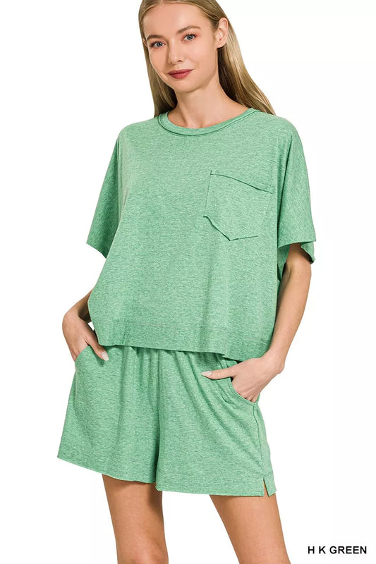 Green Zenana exposed seam boxy top and shorts set by Trendsi, featuring casual fit and stylish exposed seam details.