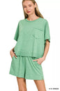 Green Zenana exposed seam boxy top and shorts set by Trendsi, featuring casual fit and stylish exposed seam details.