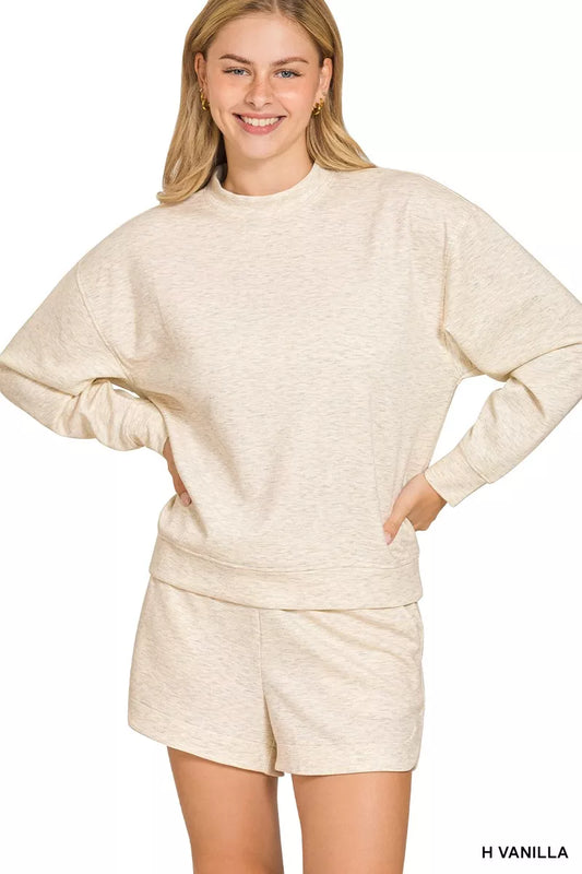 Zenana Scuba long sleeve sweatshirt and shorts set in vanilla, casual loungewear with soft fabric and comfortable fit.