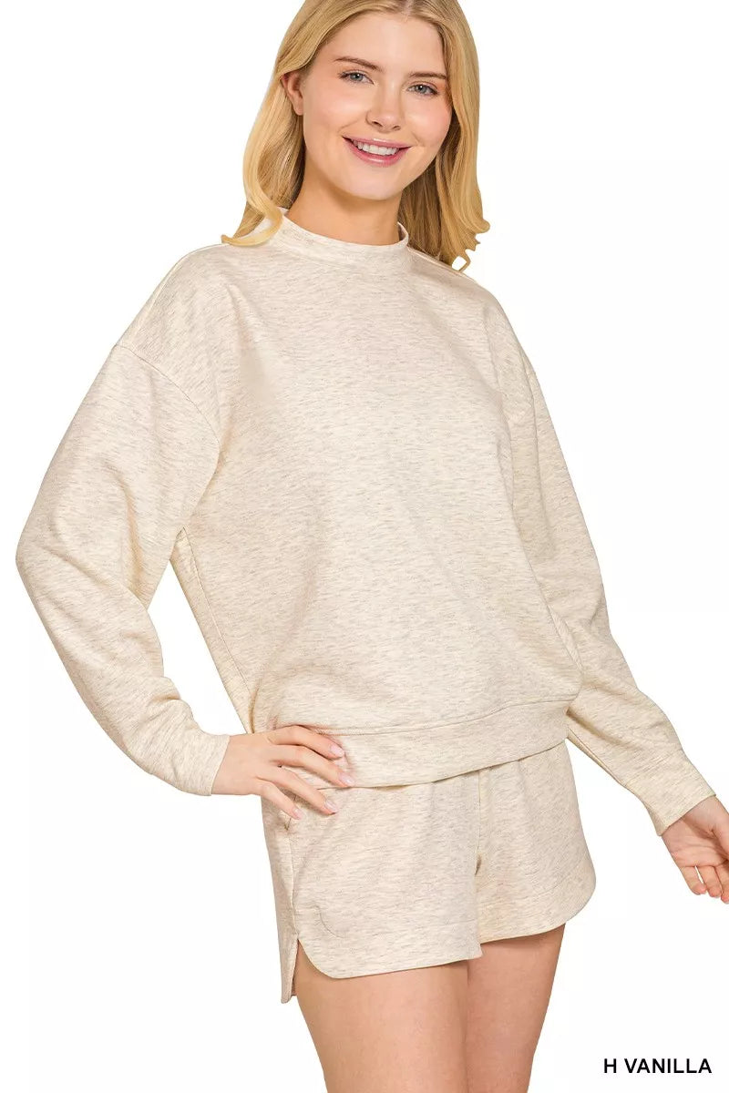 Zenana scuba long sleeve sweatshirt and shorts set in vanilla, featuring a comfortable, casual loungewear style.