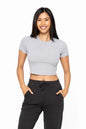Heather grey MONO B Essential micro-ribbed cropped athleisure tee, fitted athletic top with ribbed texture and short sleeves.