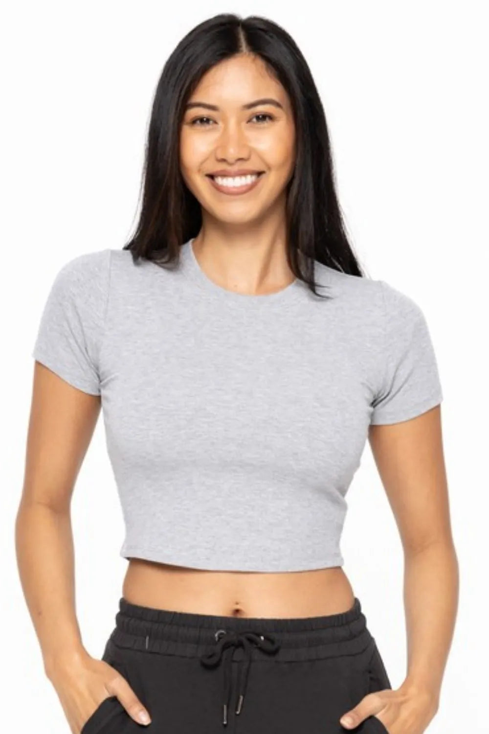 Heather grey Mono B Essential micro-ribbed cropped athleisure tee, close-up of soft, fitted fabric and cropped style for activewear.