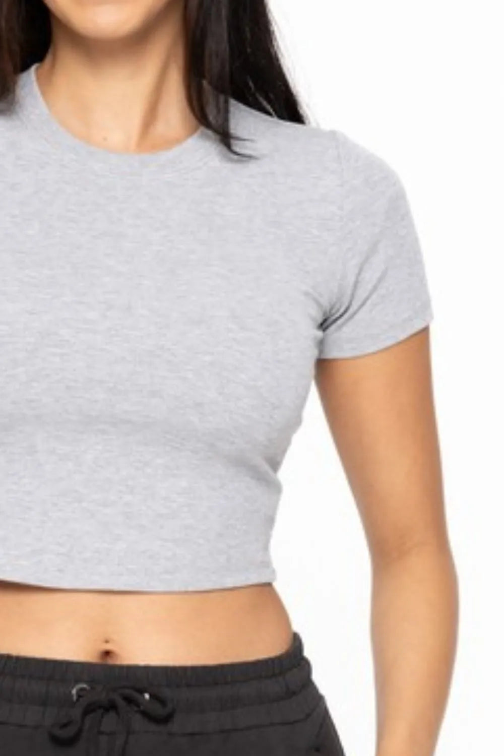 Heather grey MONO B Essential micro-ribbed cropped athleisure tee, casual fit with short sleeves, ideal for activewear and everyday wear.