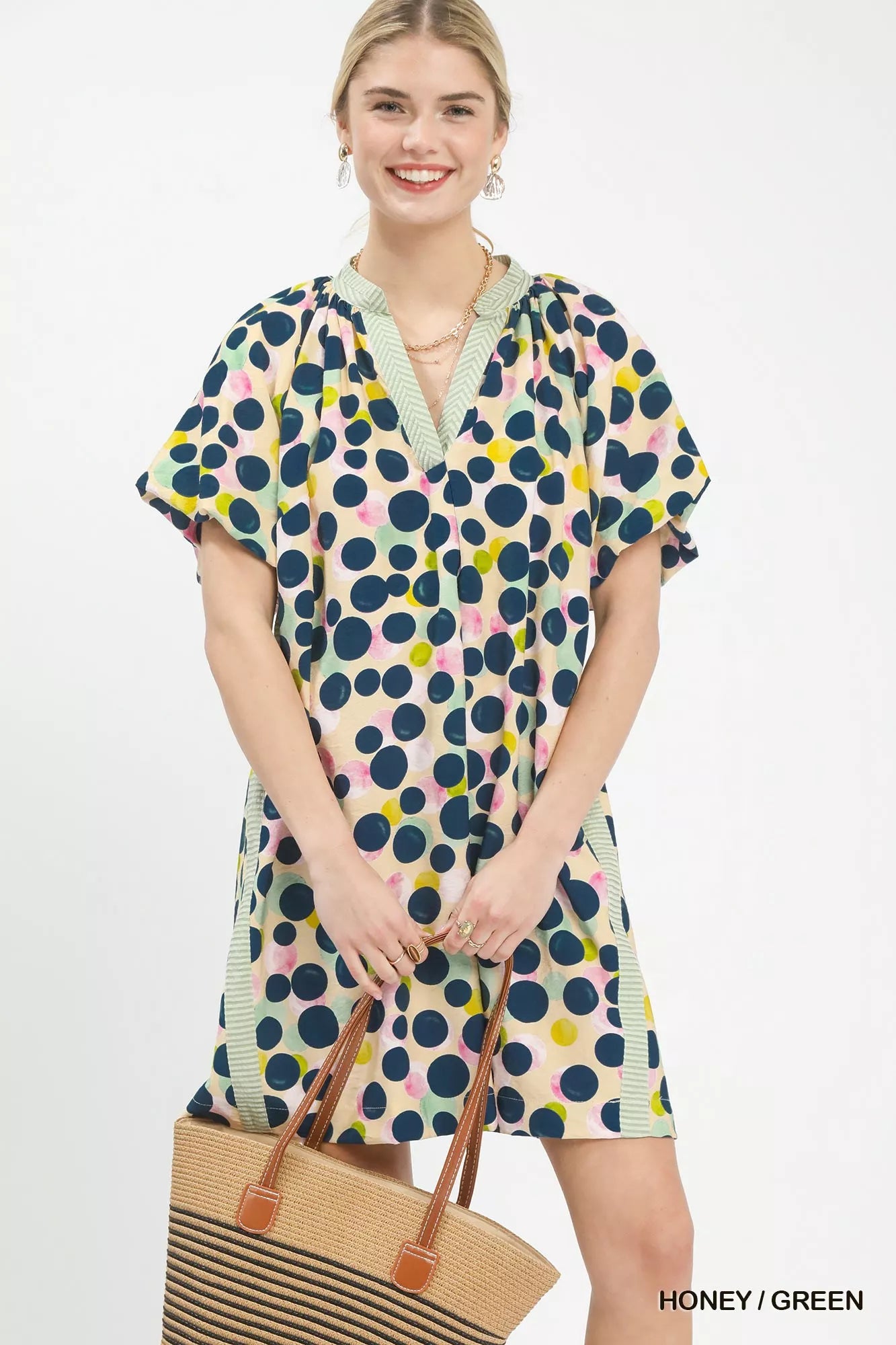 Honey green Polka Dot Print Tunic Dress by Umgee, casual style with long sleeves and relaxed fit, perfect for everyday wear.