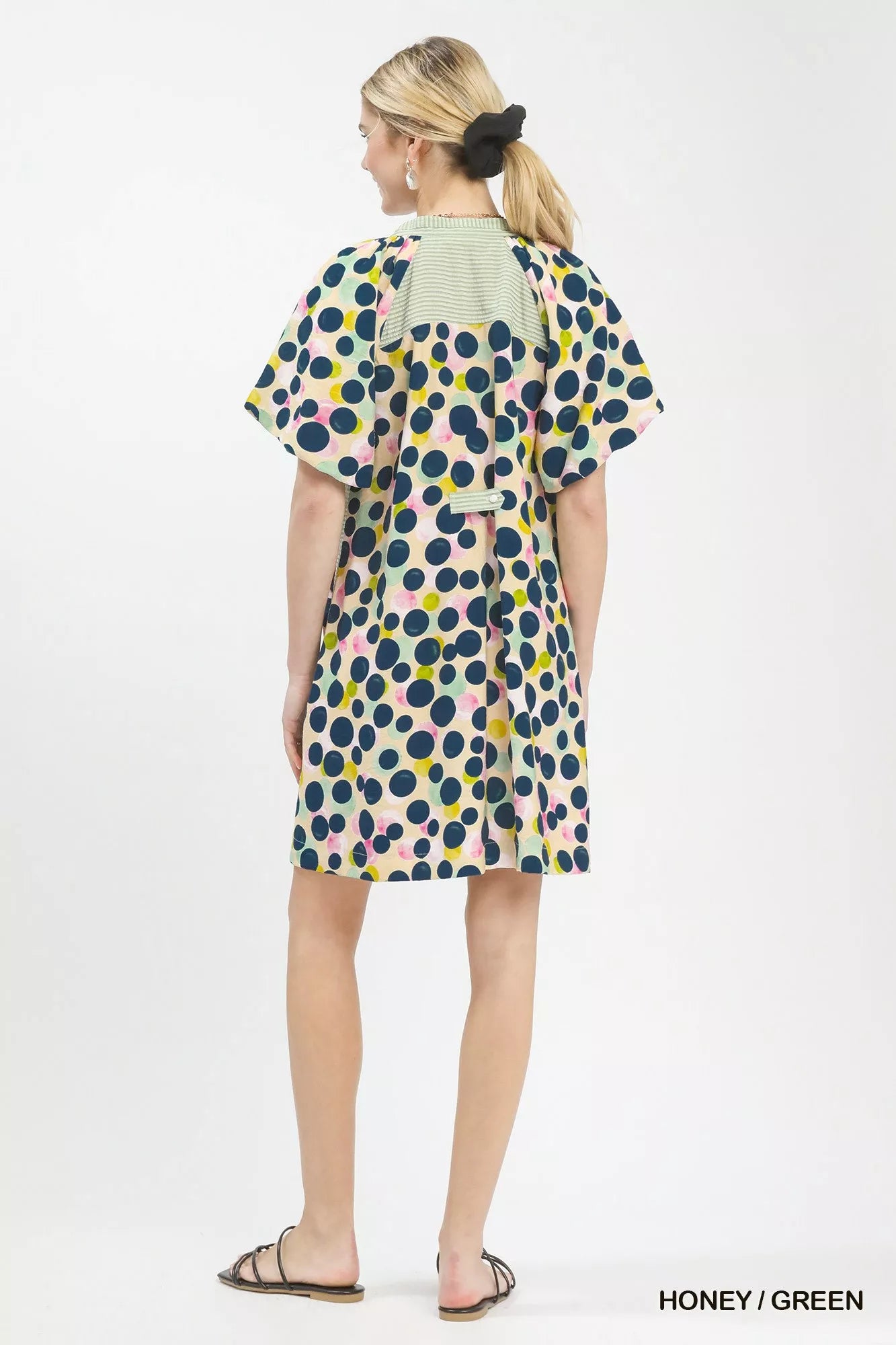 Honey green polka dot print tunic dress by Umgee, featuring a relaxed fit and long sleeves, perfect for casual wear.