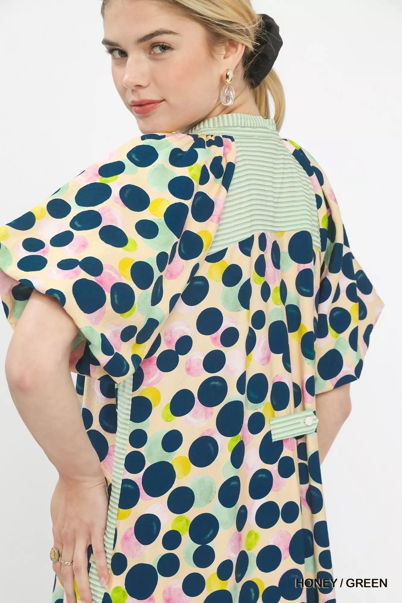Honey green Umgee polka dot print tunic dress with long sleeves and relaxed fit, stylish casual wear for women.