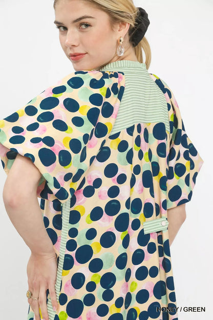 Honey green Umgee polka dot print tunic dress with long sleeves and relaxed fit, stylish casual wear for women.