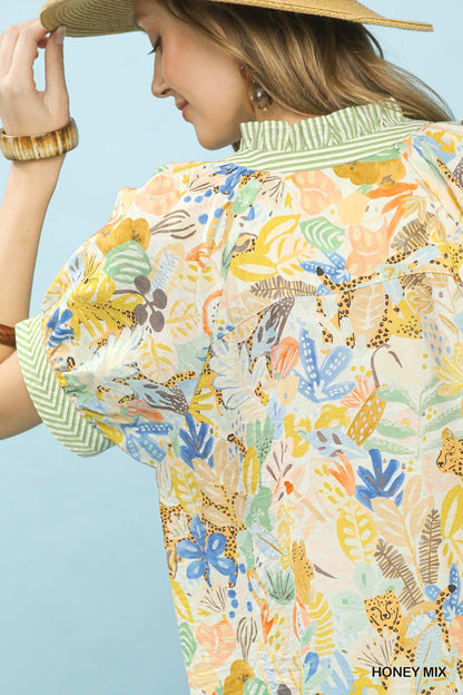 Umgee mix boho printed V-neck top in honey color, featuring a relaxed fit and stylish bohemian design.