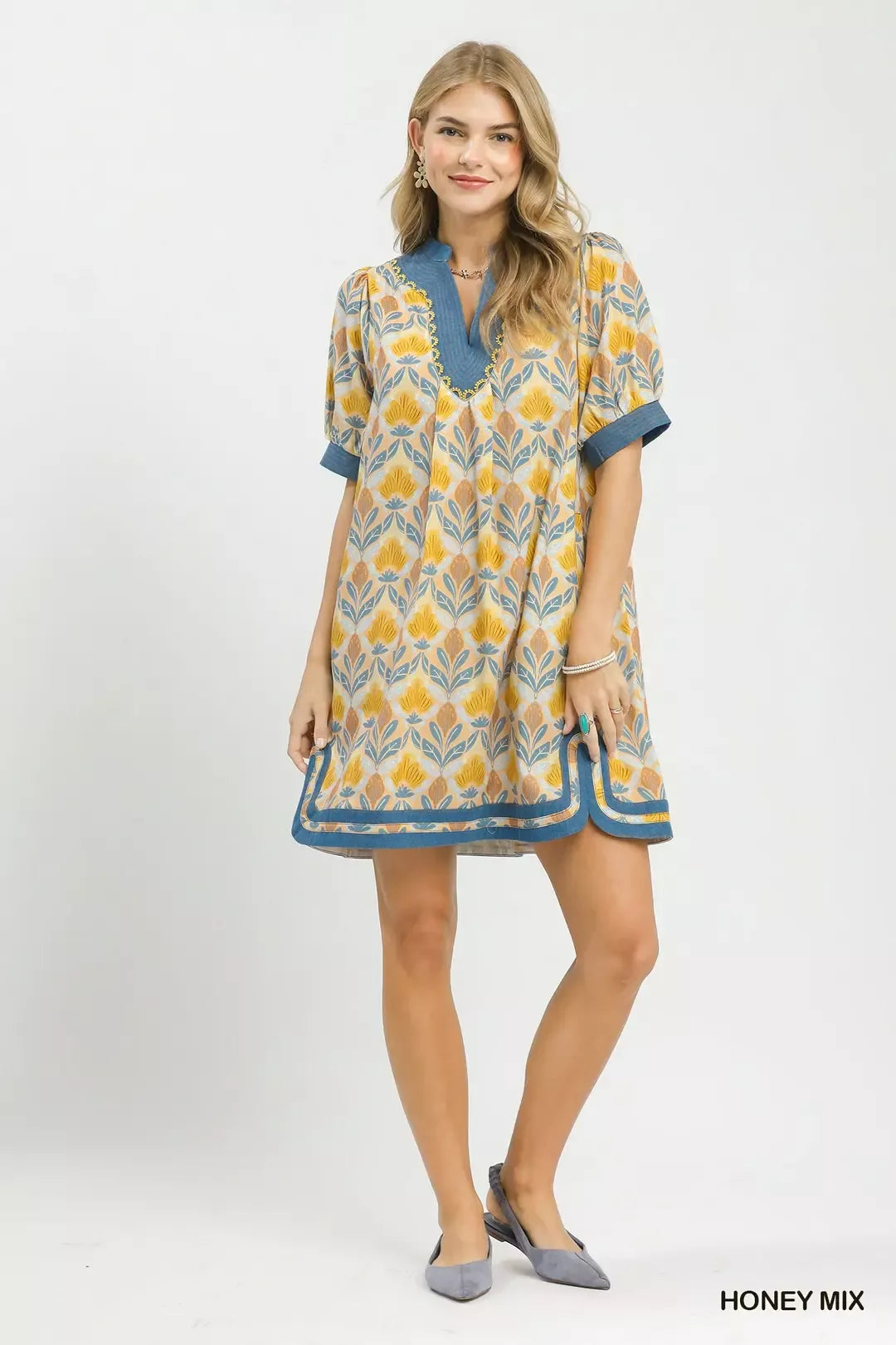 Trendsi Umgee Mix Tile Print Mini Dress featuring a stylish short silhouette and vibrant tile pattern.