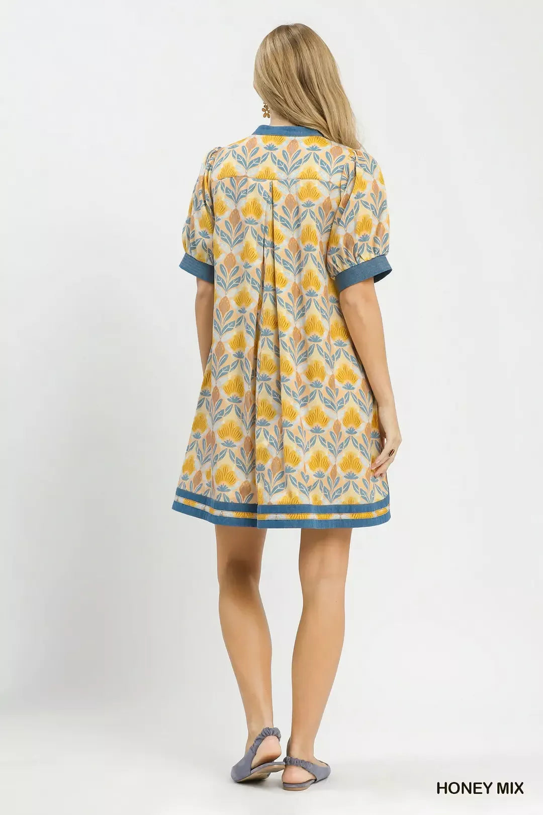 Trendsi Umgee Mix Tile Print Mini Dress featuring a stylish pattern and short sleeves, perfect for casual or summer wear.