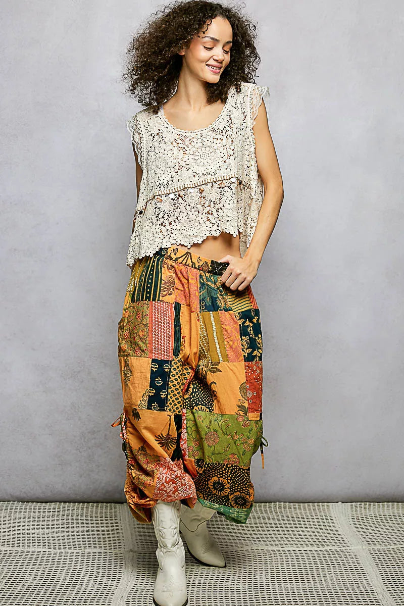 Trendsi POL printed patchwork wide-leg pants with adjustable side drawstring, colorful casual fashion pants for women.