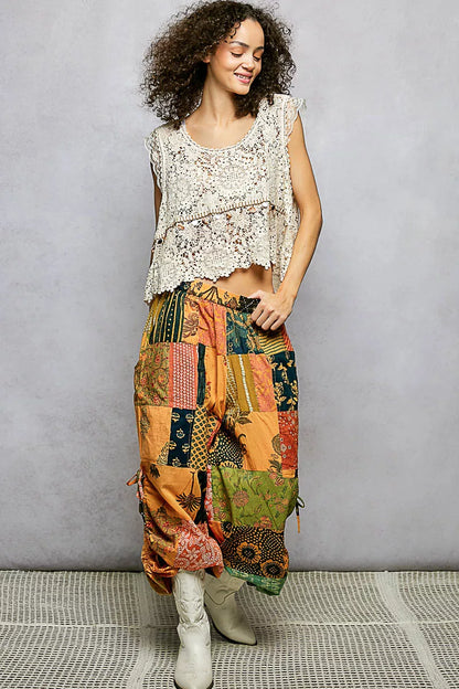 Trendsi POL printed patchwork wide-leg pants with adjustable side drawstring, colorful casual fashion pants for women.