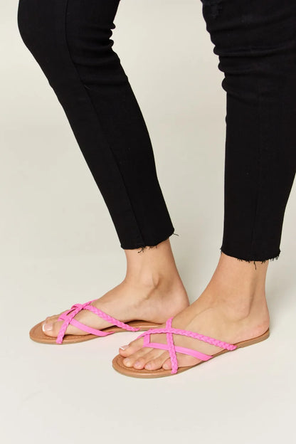 Hot pink WILD DIVA Crisscross PU leather open toe sandals by Trendsi, featuring stylish crisscross straps and a trendy open toe design.