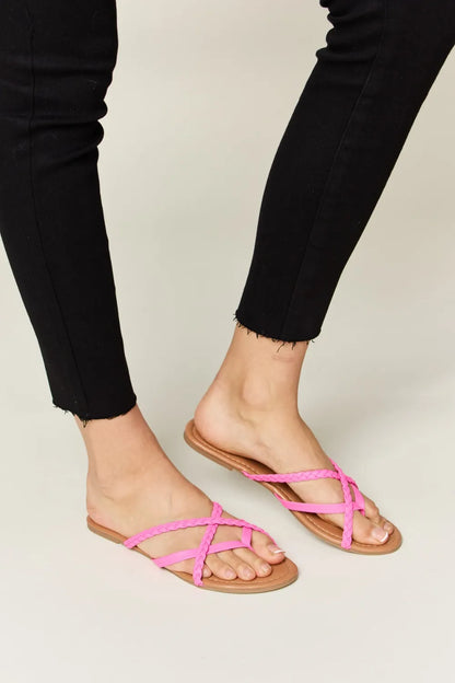 Hot pink WILD DIVA Crisscross PU leather open toe sandals with ankle straps, trendy and stylish for summer wear.