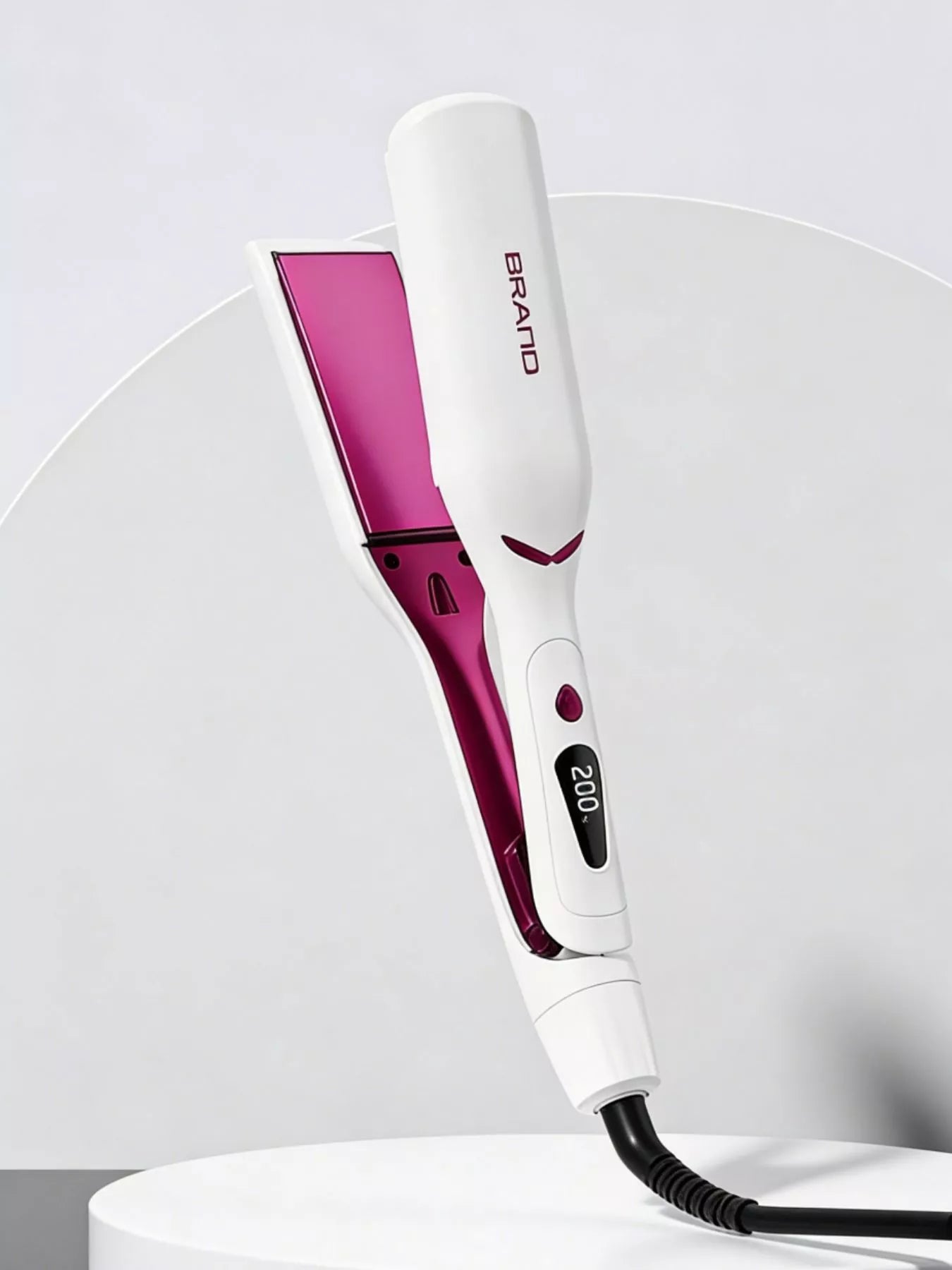 Trendsi adjustable temperature pink hair straightener with European plug, showing sleek design and ceramic plates for smooth styling.
