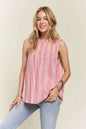Hot pink ADORA sleeveless top with contrast stripes, frill details, and round neck from Trendsi.