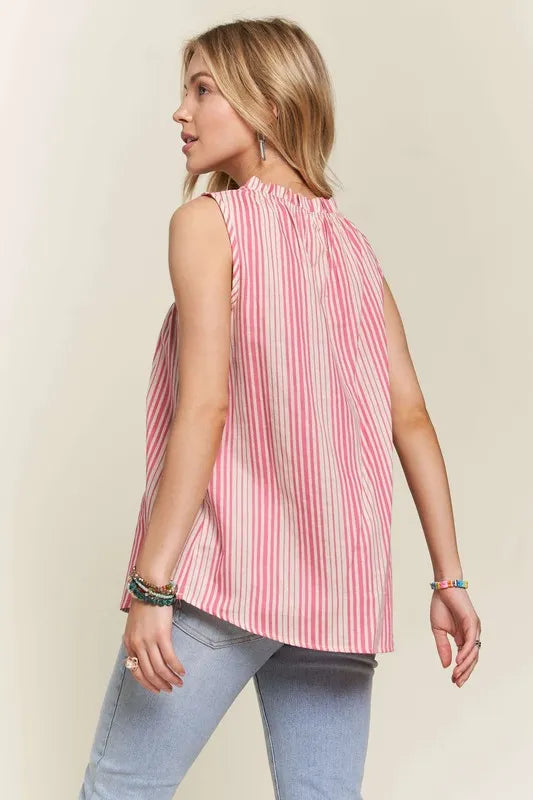 Hot pink ADORA contrast striped sleeveless top with frill around the round neckline, by Trendsi.