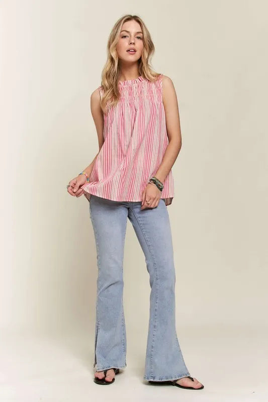 Hot pink ADORA sleeveless top with contrast stripes, frill detail, and round neckline from Trendsi.