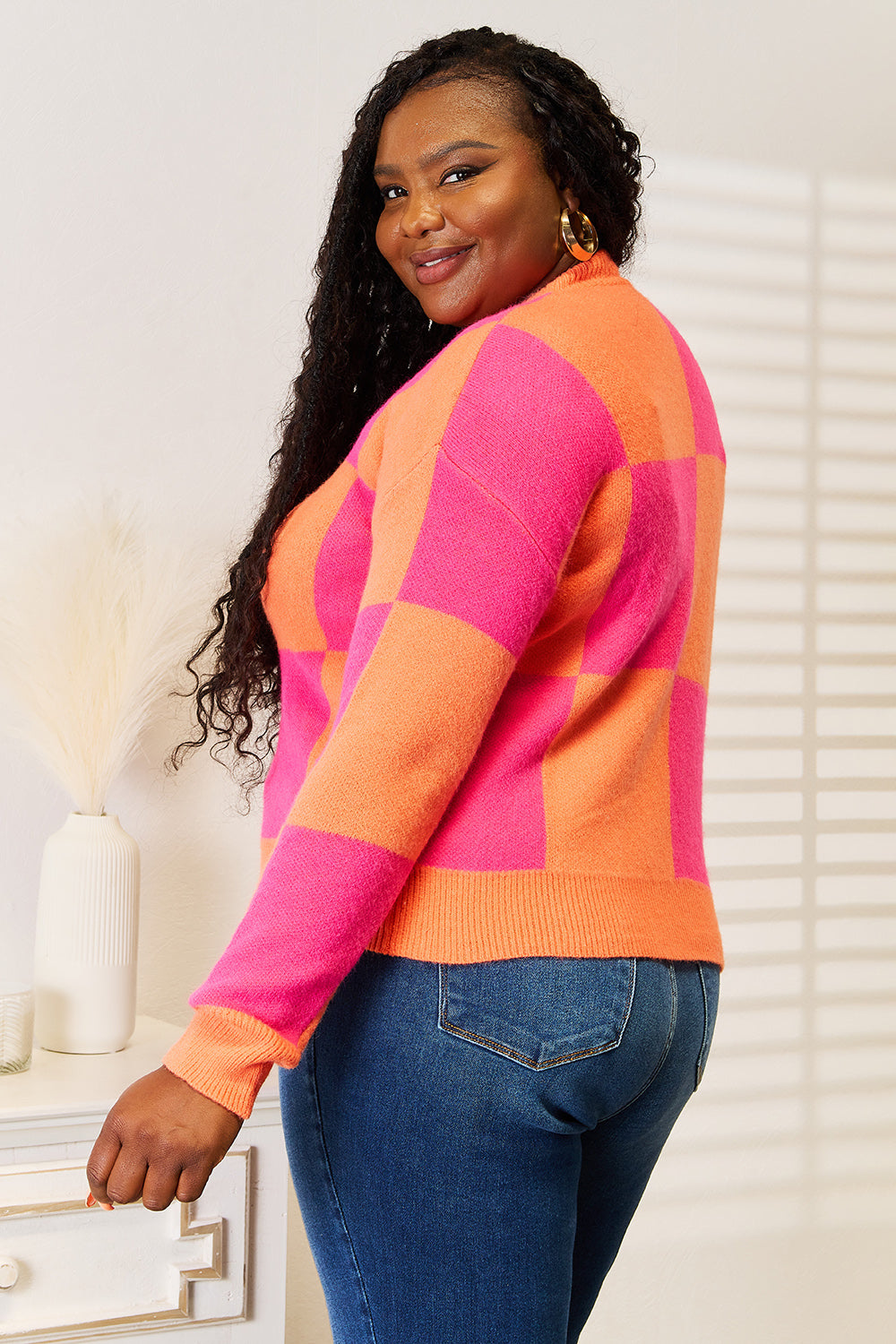 Hot pink Angel Wings woven cardigan with checkered V-neck, dropped shoulders, and angel wing details by Trendsi.