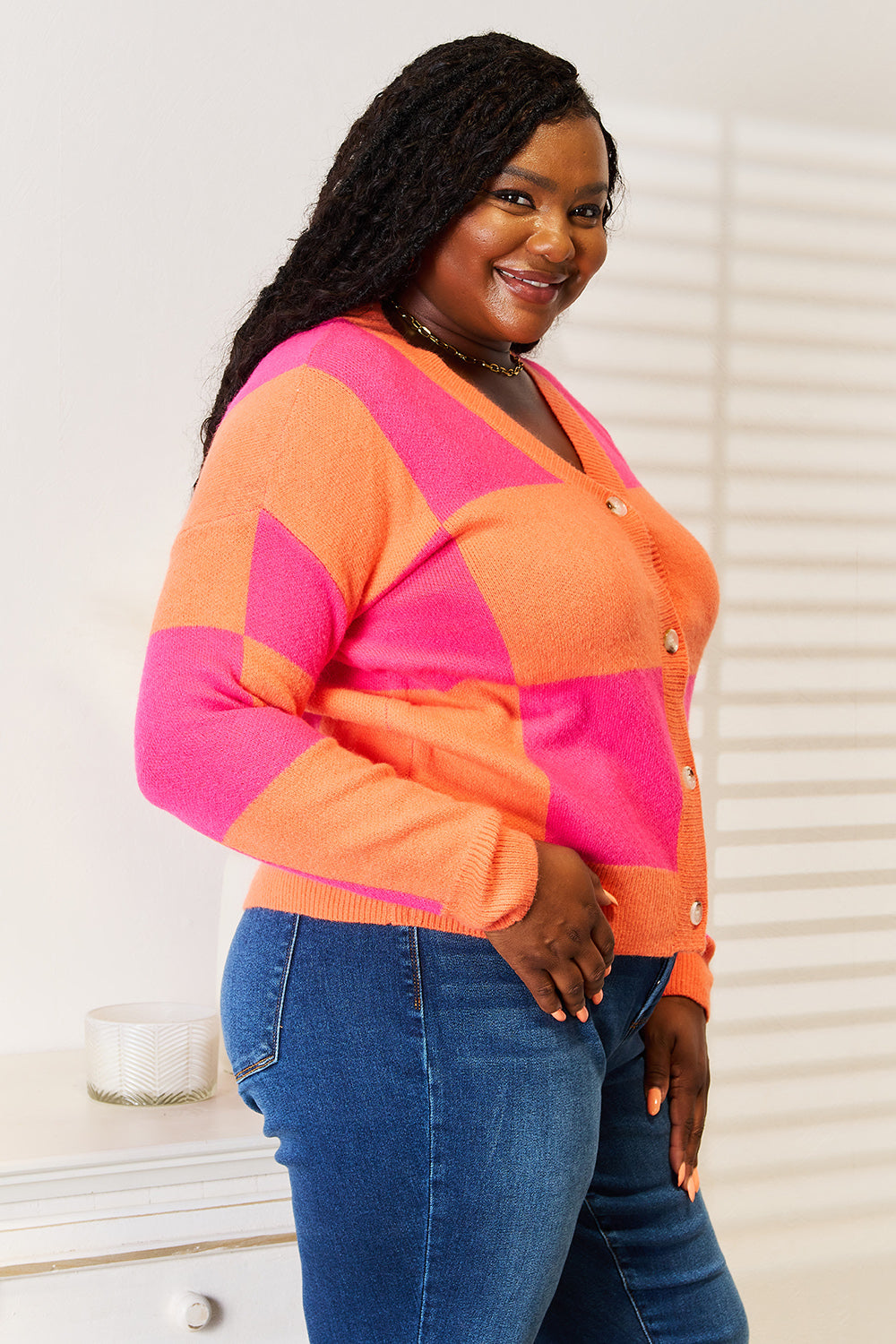 Hot pink Angel Wings woven cardigan with checkered pattern, V-neck, dropped shoulders, and right checkered design by Trendsi.