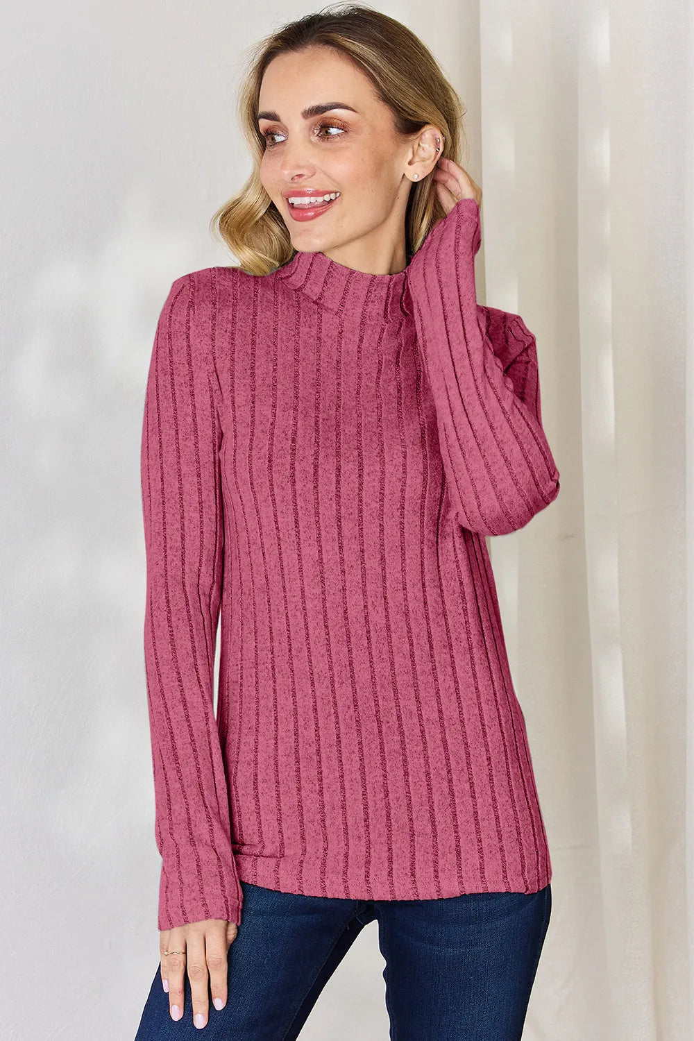 Hot pink Trendsi Basic Bae ribbed mock neck long sleeve T-shirt, full size, close-up of fabric and neckline detail